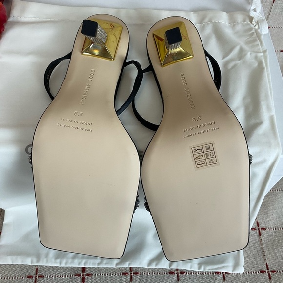 Good American Satin Strappy Heels Square Toe Sz 6.5 Black & Gold + Rhinestones - Picture 6 of 6